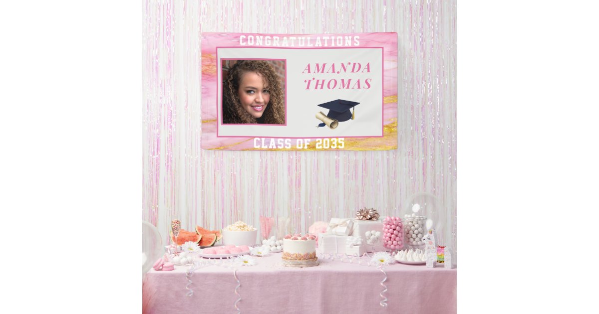 Graduation Pink Gold Marble Custom Photo Banner | Zazzle