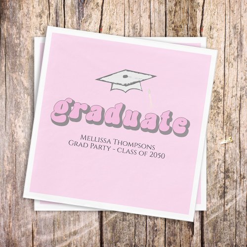 Graduation Pink Graduate Retro Typography Simple Napkins