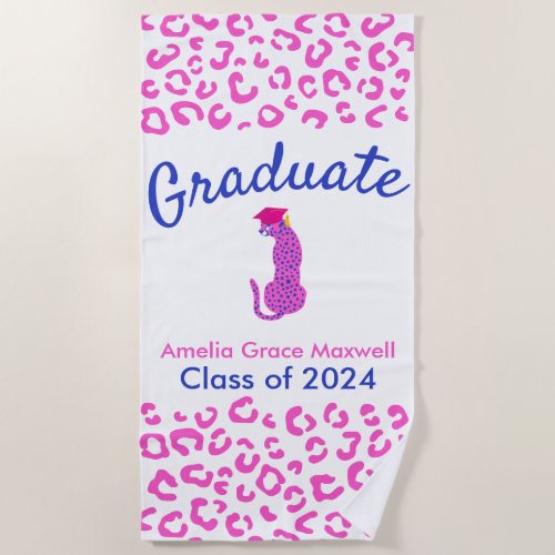 Graduation Pink Leopard Beach Towel