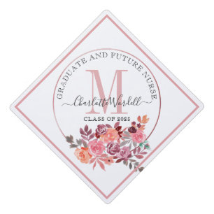 Graduation Pink Monogram Floral Frame Future Nurse Cap Topper