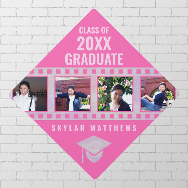 Graduation Pink Opal Cool Film 4 Photo Collage Graduation Cap Topper (Creator Uploaded)