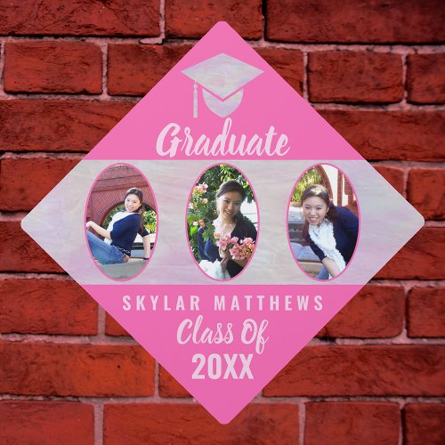 Graduation Pink Opal Girly Oval 3 Photo Collage Graduation Cap Topper