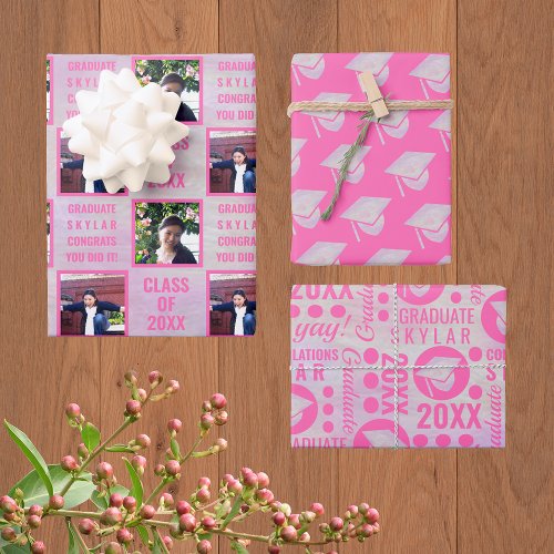 Graduation Pink Opal Trendy Assortment Photo Wrapping Paper Sheets