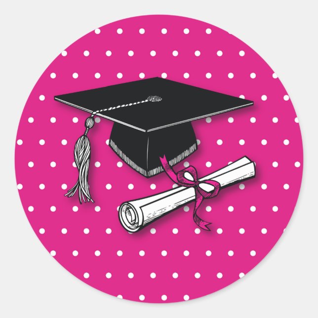 Graduation Pink Polka Dots Hat, Diploma Classic Round Sticker (Front)