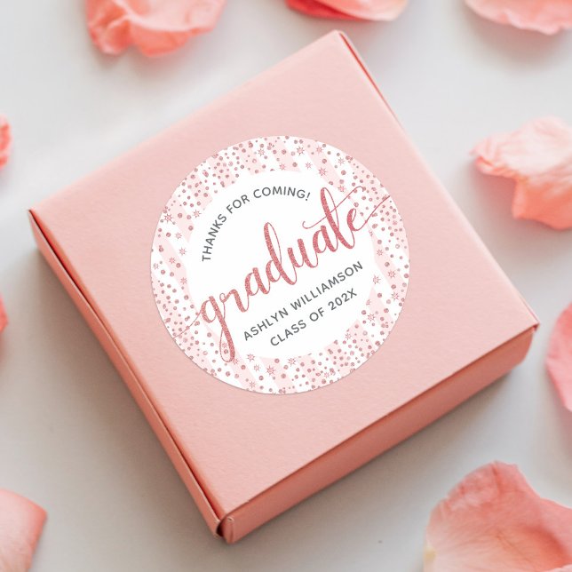 Graduation Pink Rose Gold Glitter Confetti Script  Classic Round Sticker (Creator Uploaded)