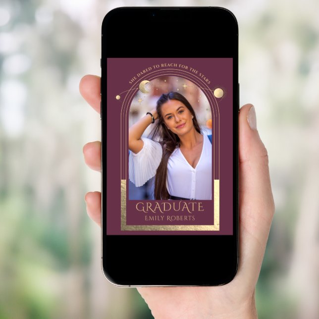 Graduation Plum Gold Sun Moon Stars Grad Photo Invitation (Front Digital)