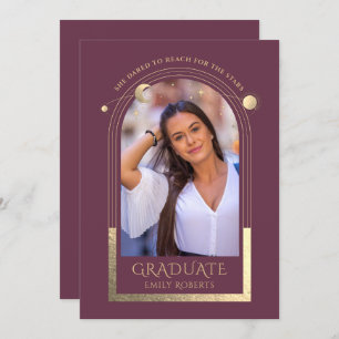Graduation Plum Gold Sun Moon Stars Grad Photo Invitation