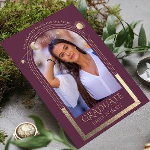 Graduation Plum Gold Sun Moon Stars Grad Photo Invitation