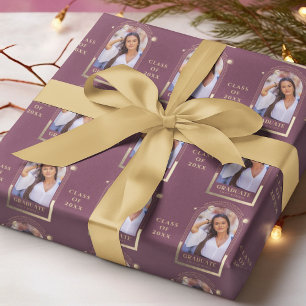 Graduation Plum Gold Sun Moon Stars Grad Photo Wrapping Paper