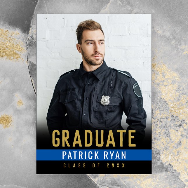 Graduation Police Thin Blue Line Photo Invitation Postcard (Police Blue Line Photo Graduation Announcement Postcard)