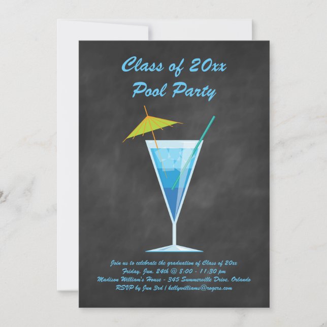Graduation Pool Party Invite Chalkboard & Blue (Front)