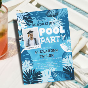 Graduation Pool Party Tropical Greenery Blue Photo Invitation