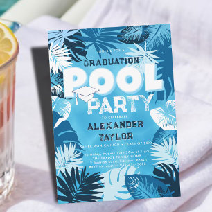 Graduation Pool Party Tropical Greenery Blue White Invitation