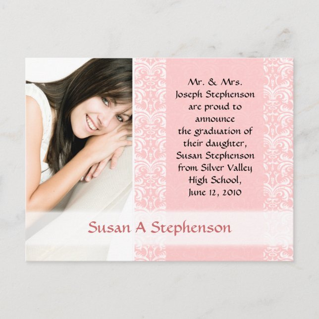 Graduation Postcard, Pretty Pink and White Announcement Postcard (Front)