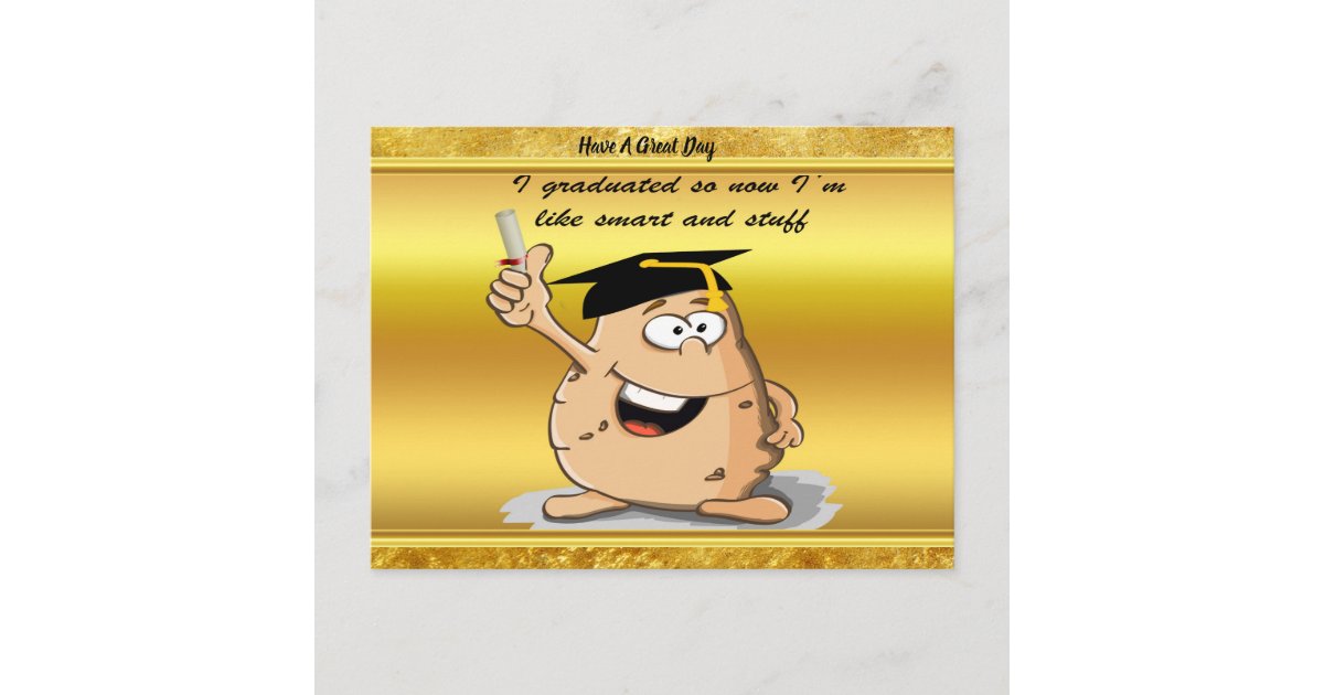 Graduation Potato Graduation potato character with a degree announcement postcard | Zazzle