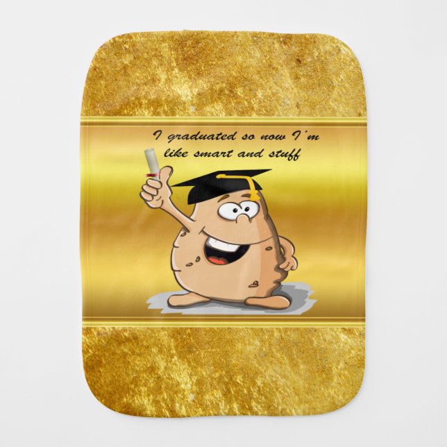 Graduation potato character with a degree baby burp cloth (Front)