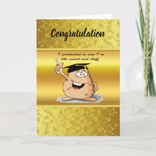 Graduation potato character with a degree card