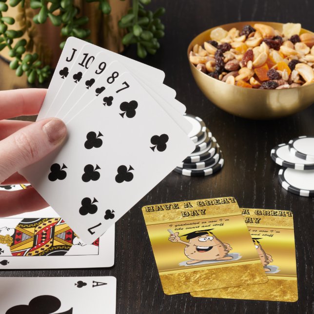 Graduation potato character with a degree poker cards (In Situ)