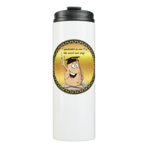 Graduation potato character with a degree thermal tumbler