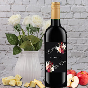 Graduation Pretty Red Roses Lilies on Black Wine Wine Label