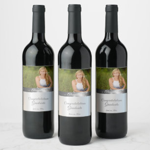 Graduation Pretty Silver Satin Silk  Wine Label