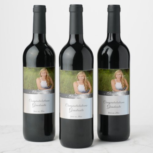 Graduation Pretty Silver Satin Silk  Wine Label