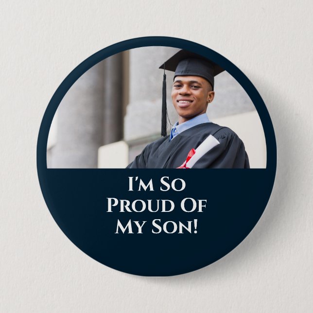 Graduation Proud Parent Son Graduating Photo Blue Button (Front)