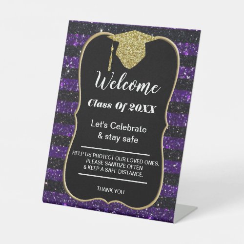 Graduation Purple Black Stripes Party safety Pedestal Sign