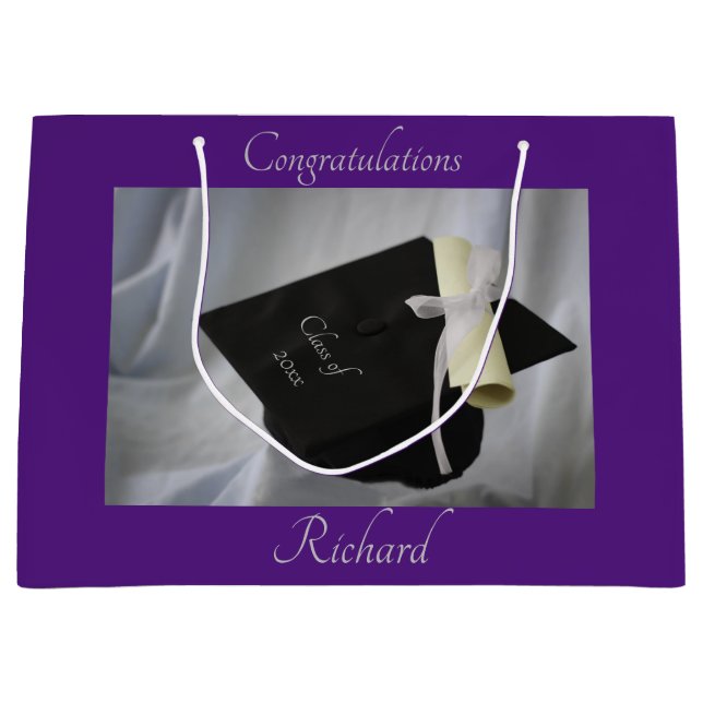 Graduation Purple Cap & Diploma Personalized Large Gift Bag (Front)
