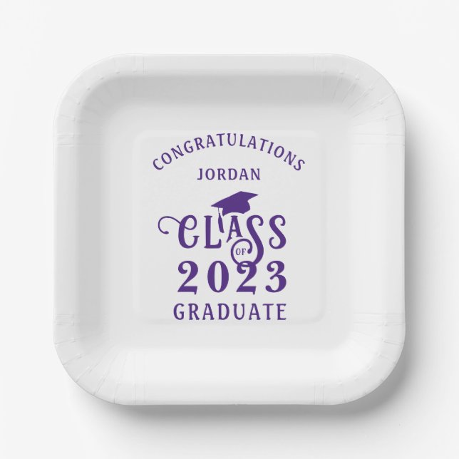 Graduation Purple Class Year Congrats Name Paper Plates (Front)