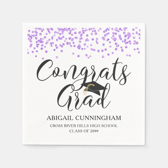 Graduation Purple Confetti CONGRATS GRAD Name Napkins (Front)