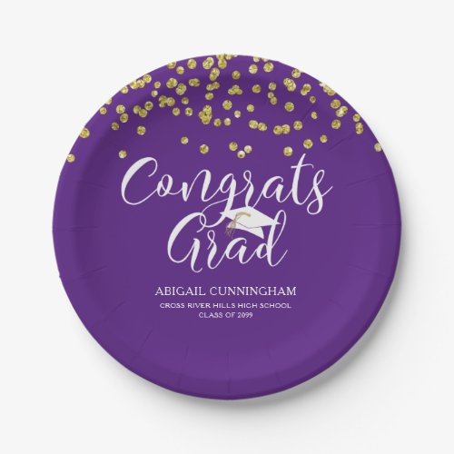 Graduation Purple CONGRATS GRAD Script Confetti Paper Plates