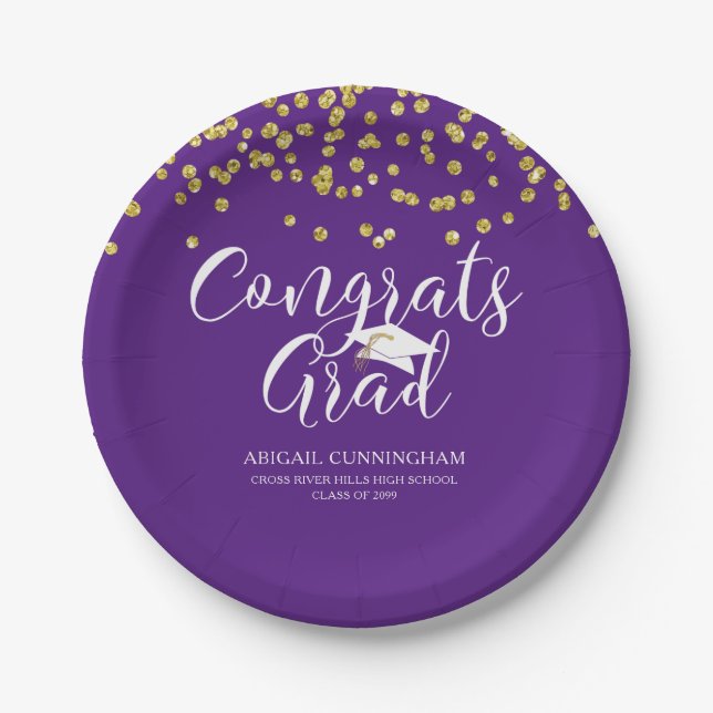 Graduation Purple CONGRATS GRAD Script Confetti Paper Plates (Front)