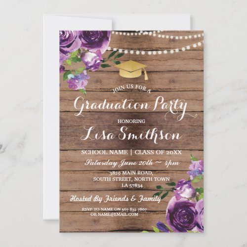 Graduation Purple Flowers Lights Wood Invite