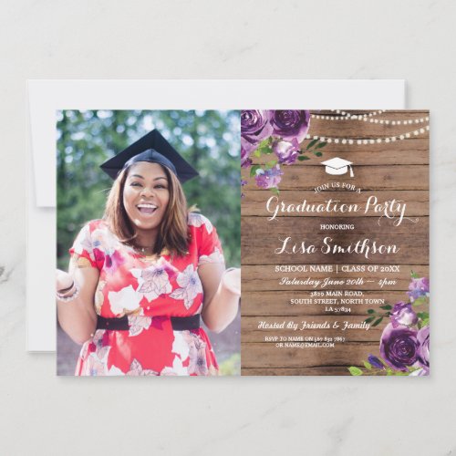 Graduation Purple Flowers Lights Wood Photo Invitation