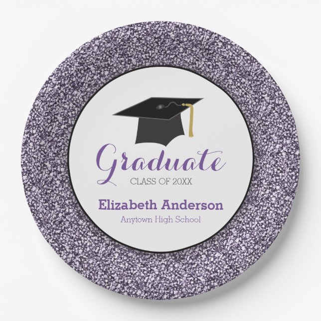 Graduation Purple Glitter Mortarboard Paper Plates (Front)