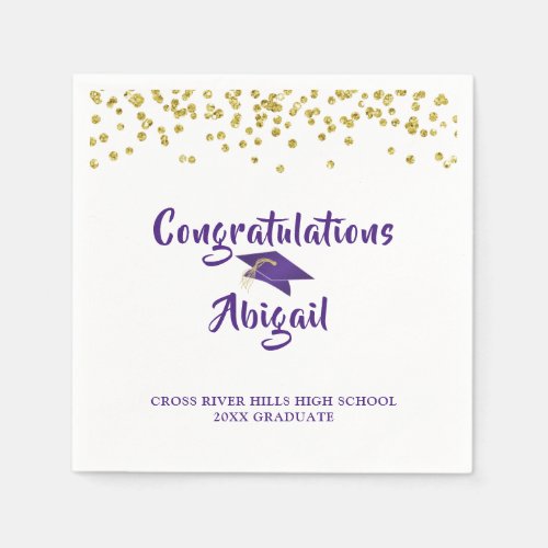 Graduation Purple Gold Confetti Brush Script Napkins