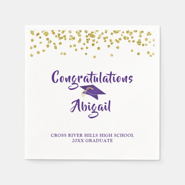 Graduation Purple Gold Confetti Brush Script Napkins (Front)