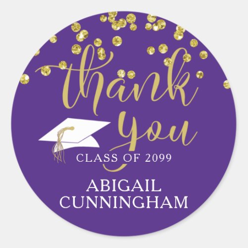 Graduation Purple Gold Confetti Script THANK YOU Classic Round Sticker