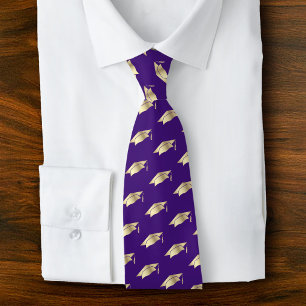 Graduation Purple Gold Foil Cap Icon Pattern Bold Neck Tie
