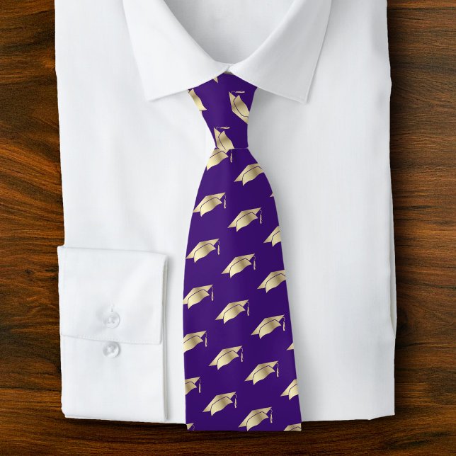 Graduation Purple Gold Foil Cap Icon Pattern Bold Neck Tie (Creator Uploaded)