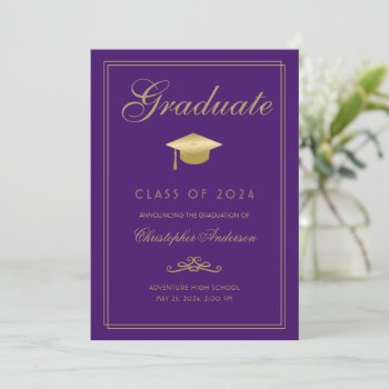Graduation Purple Gold Formal Script Grad Cap Announcement by ilovedigis at Zazzle