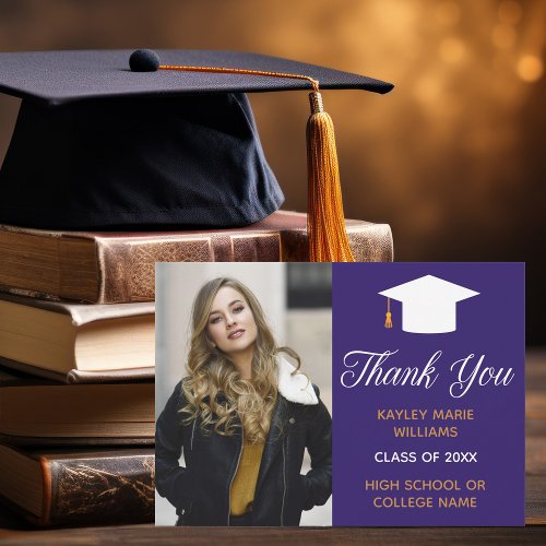 Graduation Purple Gold Photo Custom 2024 Graduate Thank You Card
