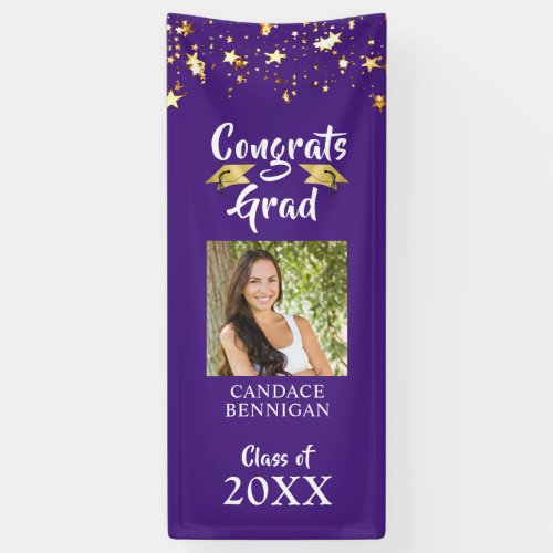 Graduation Purple Gold Stars Brush Script Photo Banner