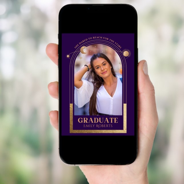 Graduation Purple Gold Sun Moon Stars Grad Photo Invitation (Front Digital)