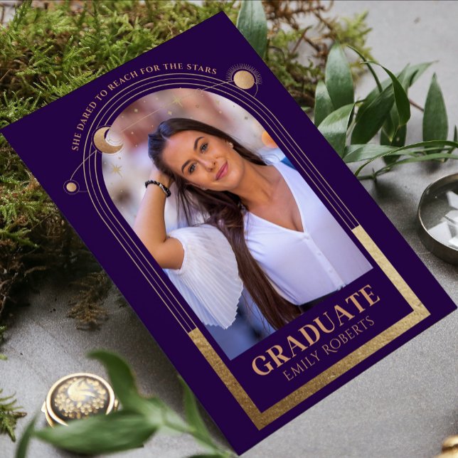 Graduation Purple Gold Sun Moon Stars Grad Photo Invitation (Creator Uploaded)