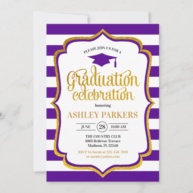 Graduation - Purple Gold White Invitation (Front)
