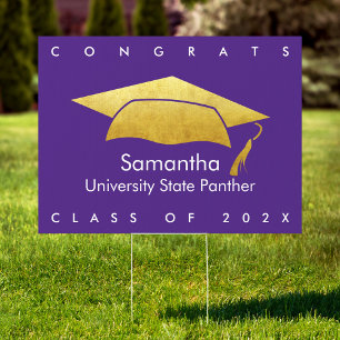 Graduation Purple Modern Bold Gold Cap MEDIUM Yard Sign