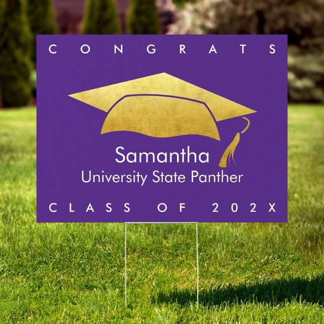 Graduation Purple Modern Bold Gold Cap MEDIUM Yard Sign (Creator Uploaded)