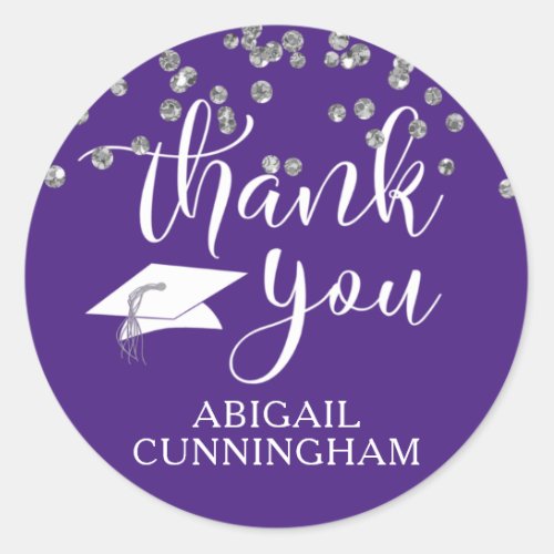 Graduation Purple Silver Confetti Script THANK YOU Classic Round Sticker